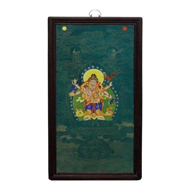 Chinese Porcelain Teal Blue Tibetan Deity Painting Wall Decor For Sale