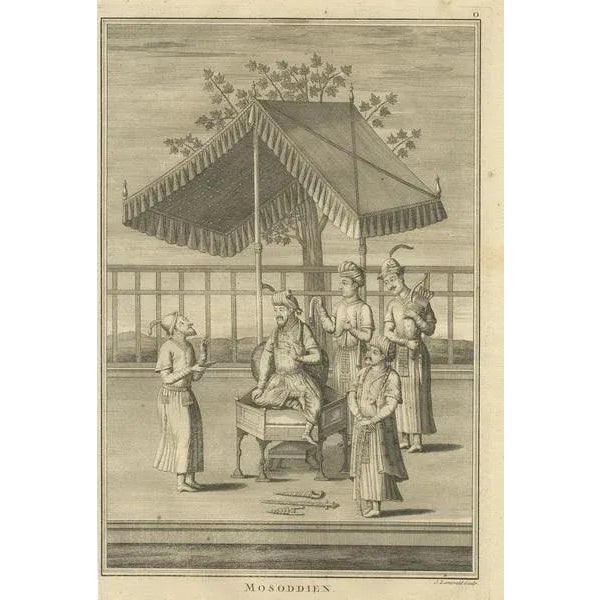 Antique print titled 'Mosoddien'. This print depicts carious figures of the Mughal Empire. Various weapons are depicted on...
