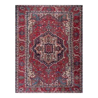 1890s Red Rust Medallion Antique Persian Serapi Rug 12'3" X 15'10" Handknotted Wool Carpet For Sale