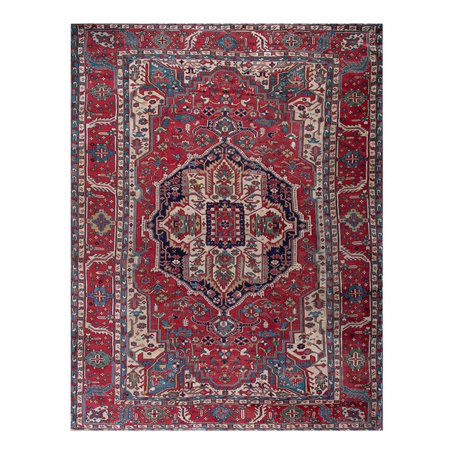 1890s Red Rust Medallion Antique Persian Serapi Rug 12'3" X 15'10" Handknotted Wool Carpet For Sale