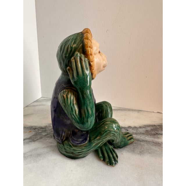 1970s Hear No Evil Monkey Majolica Style Ceramic Sculpture For Sale - Image 5 of 8