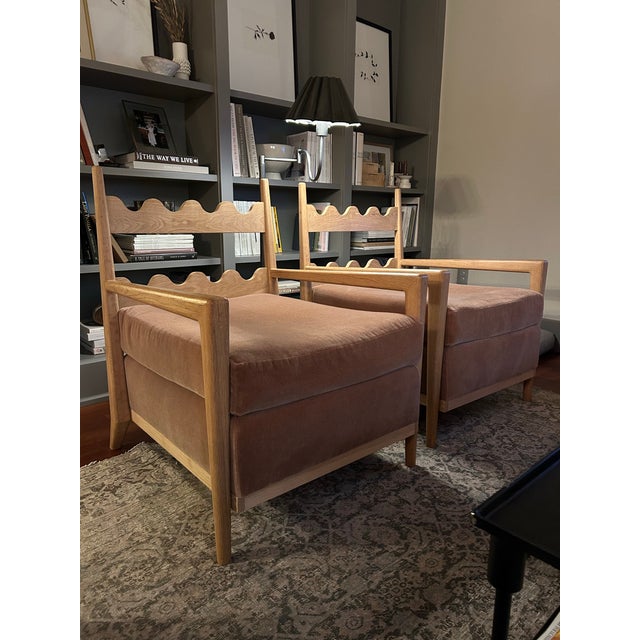 Beautiful pair of Jean Royere inspired custom scallop back lounge chairs. Made in collaboration with local craftsman....