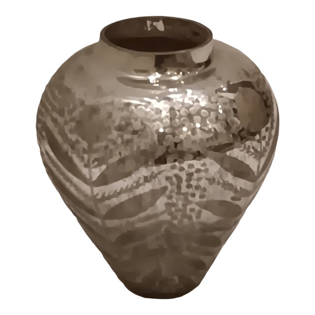 Vintage Antique Mercury Glass Vase With Hand Painted Raised Textured Gold Leaf Motif For Sale