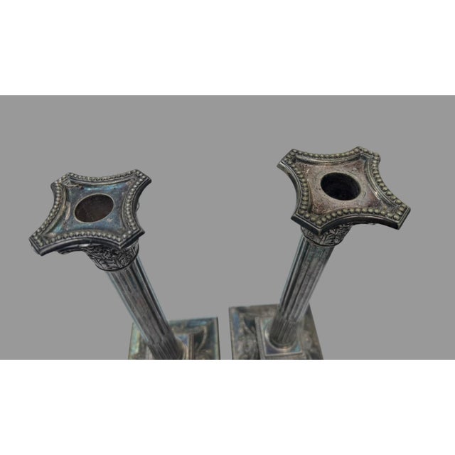 Victorian Antique C1860 Hawksworth Eyre & Co Silver Plate Candlesticks Pair 14” Sheffield For Sale - Image 3 of 9