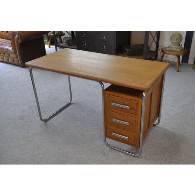 Bauhaus Desk in Chrome Tube and Oak by Kovona, 1960s For Sale - Image 12 of 17