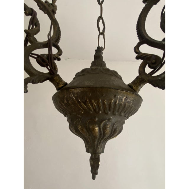 Metal Vintage Art Nouveau Revival Three-Light Chandelier with Opaline Glass Shades, Yugoslavia, 1960s For Sale - Image 7 of 12