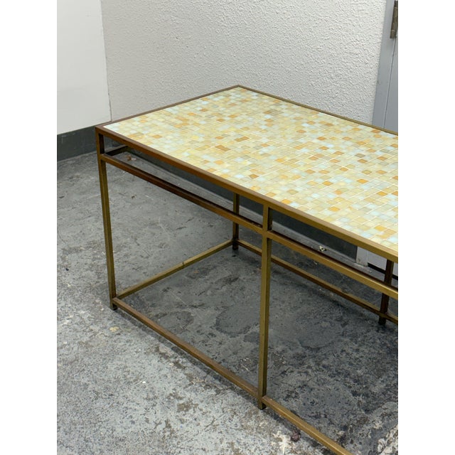 Union-Made Mosaic Tile Top Brass-Tone Console Table, Vintage For Sale - Image 4 of 12