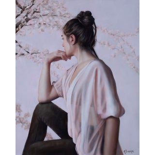 Lost in Thought by Kelly Birkenruth | Oil on Panel Portrait of a woman in contemplation with cherry blossoms. For Sale