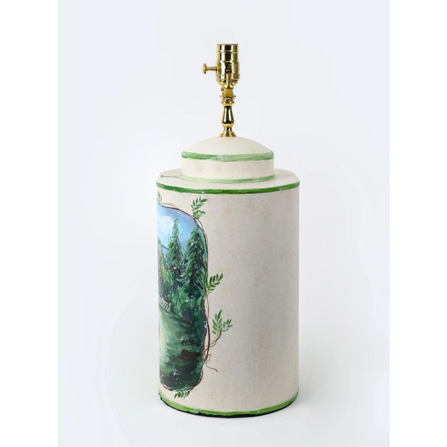 Late 20th Century Vintage English Exported Tea Caddy Hand-Painted Rural Landscape With Pagoda Table Lamp For Sale - Image 5 of 11