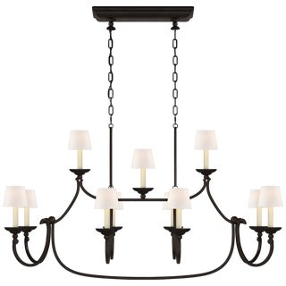 Chapman & Myers for Visual Comfort Signature Flemish Large Linear Pendant in Aged Iron with Linen Shades For Sale