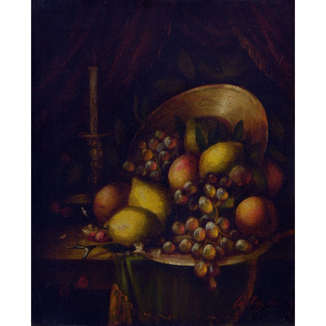 This elegant still life by Italian artist Massimo Reggiani presents a refined arrangement of fruit gathered in a woven...