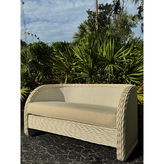 Wicker Loveseat With Red, White & Blue Stripe Upholstery For Sale - Image 9 of 9