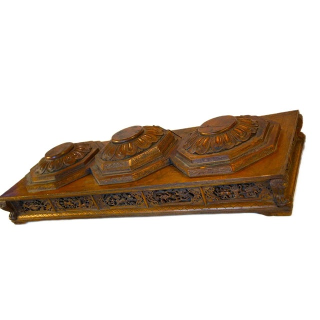 Chinese Elaborate Antique Carved Wood Stand for Three Statues For Sale - Image 3 of 10