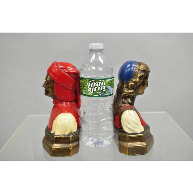 Antique Dante & Beatrice Painted Figural Bronze Bust Bookends - a Pair. Circa Early 20th Century. Measurements: 7" H x...