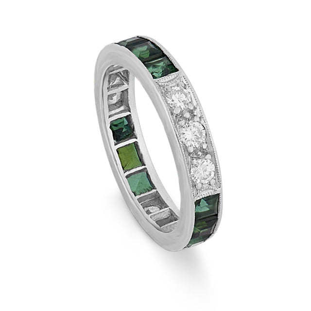 Art Deco 1990s Art Deco Inspired Diamond Tourmaline Platinum Eternity Band, Size 6.75 For Sale - Image 3 of 6