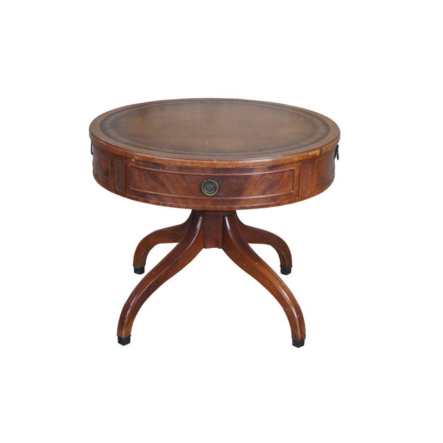 Traditional Late 19th Century Antique Mahogany Tooled Leather Round Regency Style Drum Pedestal Table For Sale - Image 3 of 10