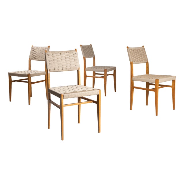 Wooden and Raffia Chairs, 1950s, Set of 4 For Sale