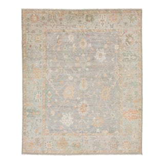12x15 Hand-Knotted Modern Oushak Style Wool Area Rug – Muted Sage Floral Design For Sale