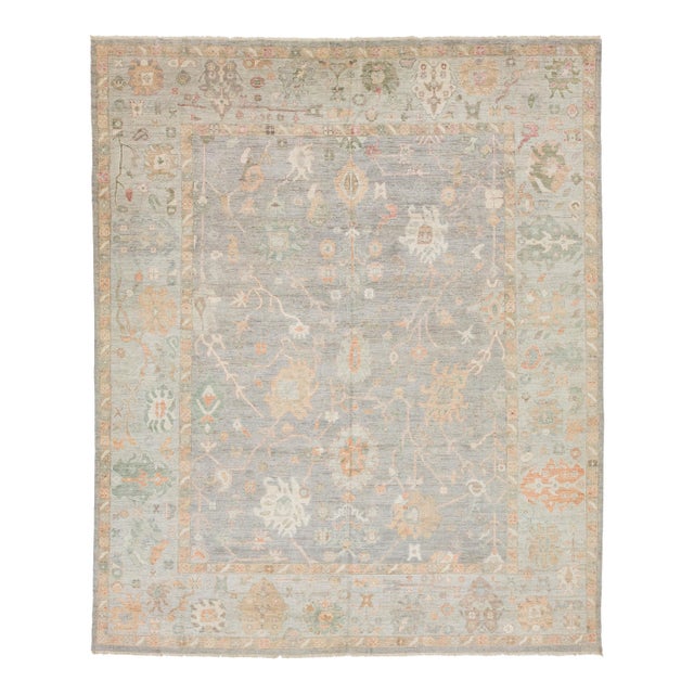 12x15 Hand-Knotted Modern Oushak Style Wool Area Rug – Muted Sage Floral Design For Sale