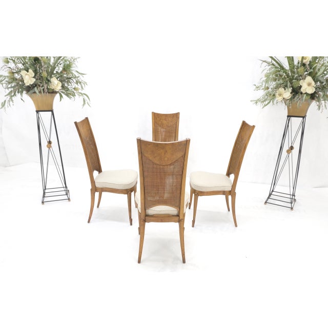 Set 4 Burl Wood Cane Back NEW Upholstery Dining Chairs Mid Century Modern MINT! For Sale - Image 9 of 15