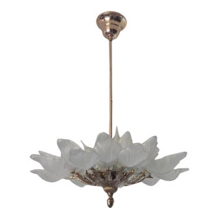 Vintage Mid Century Modern Murano Style Frosted Glass Leaf Chandelier in 3-Light Ceiling Pendant Light Hollywood Regency Brass Chandelier For Sale