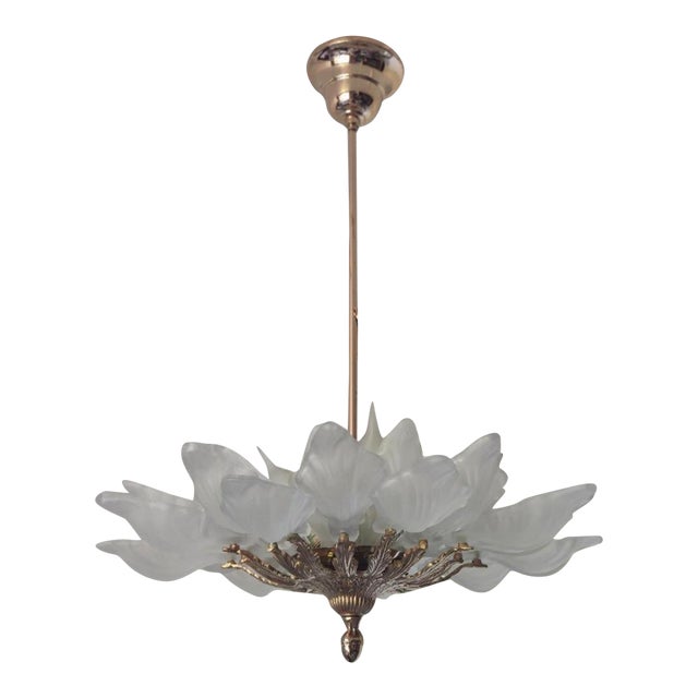 Vintage Mid Century Modern Murano Style Frosted Glass Leaf Chandelier in 3-Light Ceiling Pendant Light Hollywood Regency Brass Chandelier For Sale