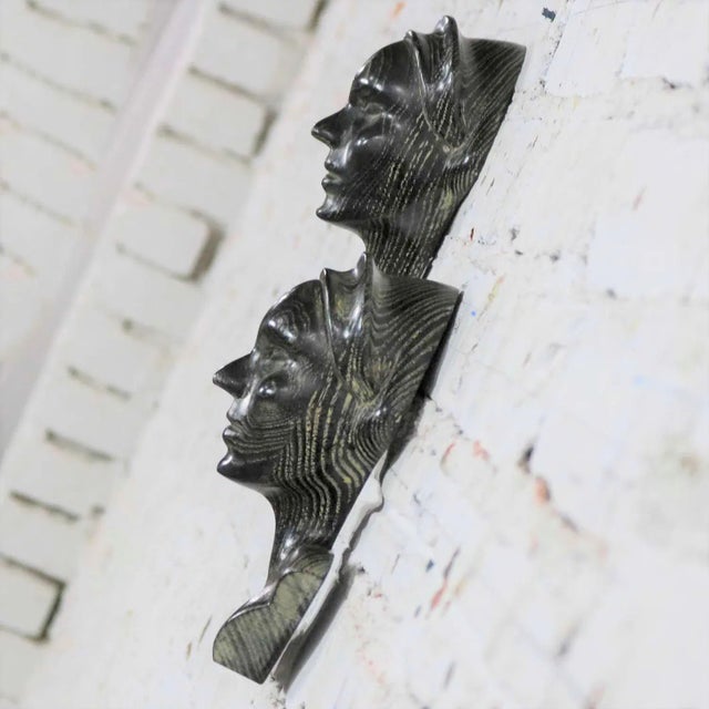 MCM to Art Deco Style Ebonized Oak Carved Female Bust Vintage Wall Sculptures, a Pair For Sale - Image 4 of 13