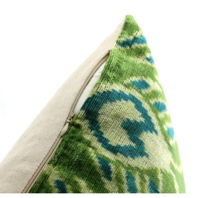 Modern Handmade Velvet Throw Pillow With Green and Teal Ikat Design With Premium Down Feather Insert For Sale - Image 3 of 6