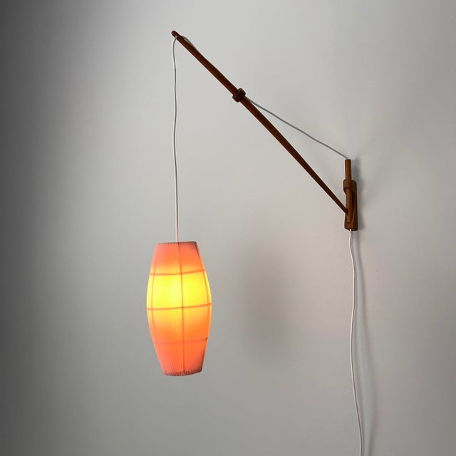 Wood Scandinavian Teak Wall Lamp with Pink Pleated-Shade, 1960s For Sale - Image 7 of 10