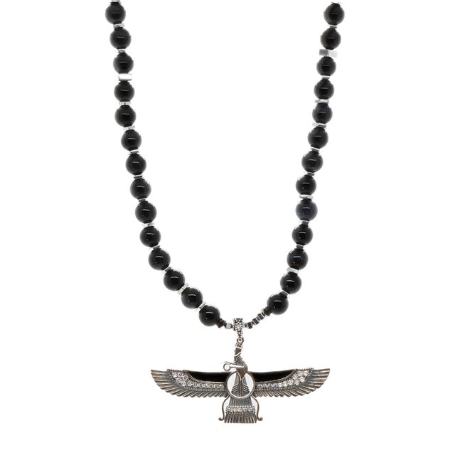 Early 21st Century Guardian Angel Faravahar Pendant Black Tourmaline Beaded Necklace For Sale - Image 5 of 12