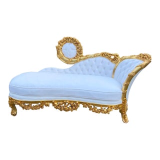 1970s French Louis XVI Gold Beech White Leather Chaise For Sale