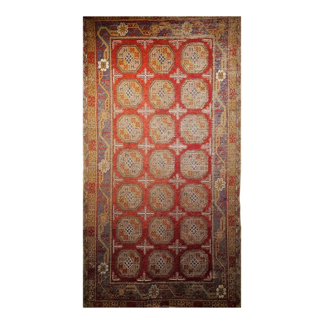 19th Century Khotan Rug in Allover Geometric Pattern in Red, Lavender, Ivory, Green For Sale