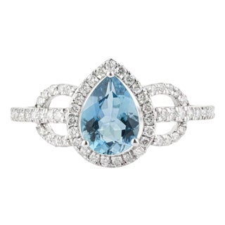 Chic Natural Aquamarine & Diamond Cocktail Ring Size 6.5 in 14k White Gold For Sale