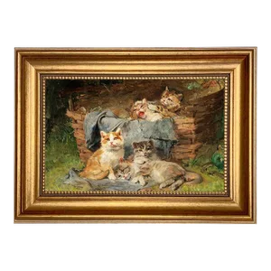 Farm Cats in a Basket Framed 7x11" Oil Painting Print on Canvas