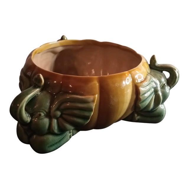 Vintage Majolica Green Glazed Baby Elephant Planter For Sale