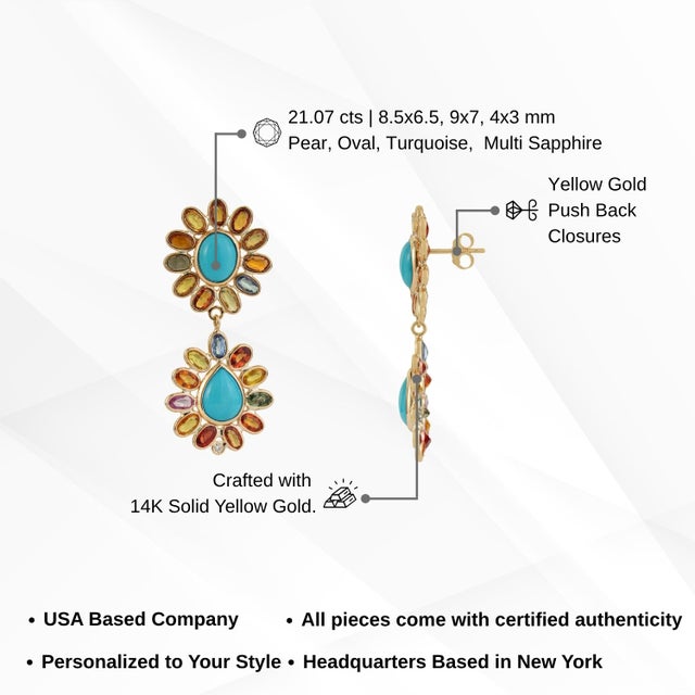21.07 Carats Turquoise Diamond Floral Drop Earrings With Rainbow Sapphires in 14k Gold- A Pair For Sale - Image 13 of 16