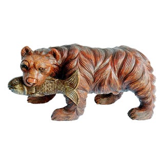 Large Black Forest Bear with Fish, 1970s, Solid Wood For Sale