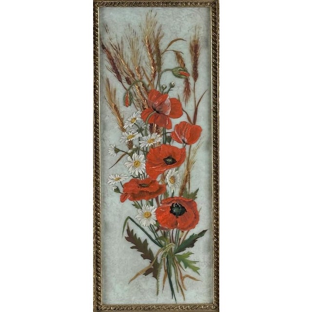 Antique 19th Century Floral Oil Painting on Glass Pane in Victorian Faux Bois Gilt Frame For Sale - Image 4 of 10