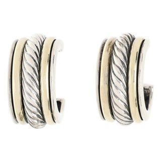 David Yurman Cable Hoop Earrings, Sterling Silver & 14k Yellow Gold, Length .75 For Sale