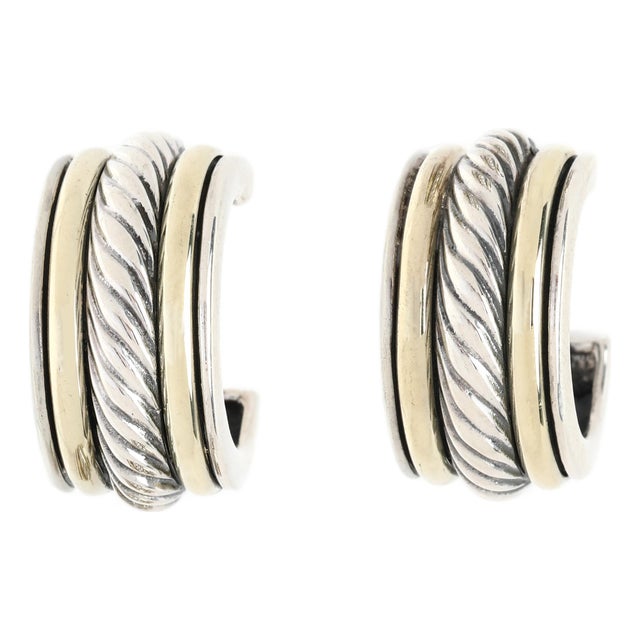 David Yurman Cable Hoop Earrings, Sterling Silver & 14k Yellow Gold, Length .75 For Sale
