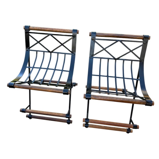 Mid 20th Century Pair of Campaign "X" Wrought Iron and Oak Bar Stools After Cleo Baldon by Continental Metal Furniture Co For Sale - Image 10 of 13