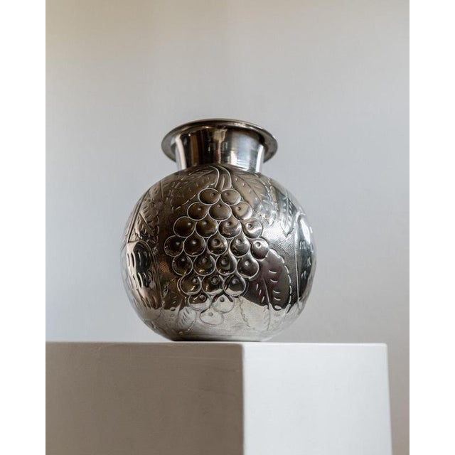 Metal Vintage Nickel-Plated Brass Vase with Hand-Hammered Fruit and Leaf Relief, Italy, 1960s For Sale - Image 7 of 15