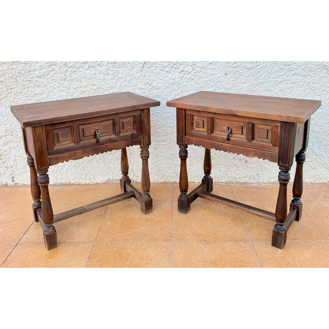 Mid-Century Spanish Wood Bedside Tables with Paneled Drawers, 1960, Set of 2 For Sale - Image 6 of 11