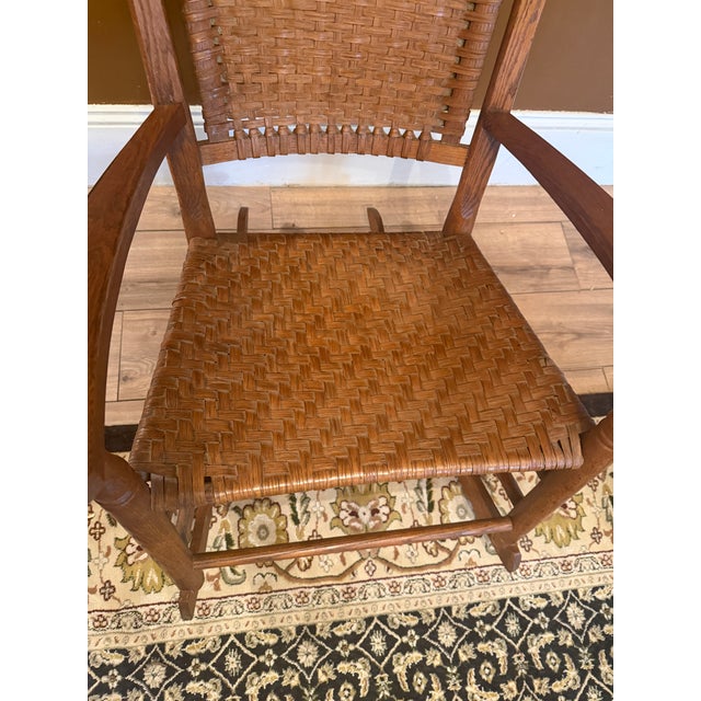 1910s Antique Oak Rocking Chair With Woven Splint Seat and Back For Sale - Image 5 of 16