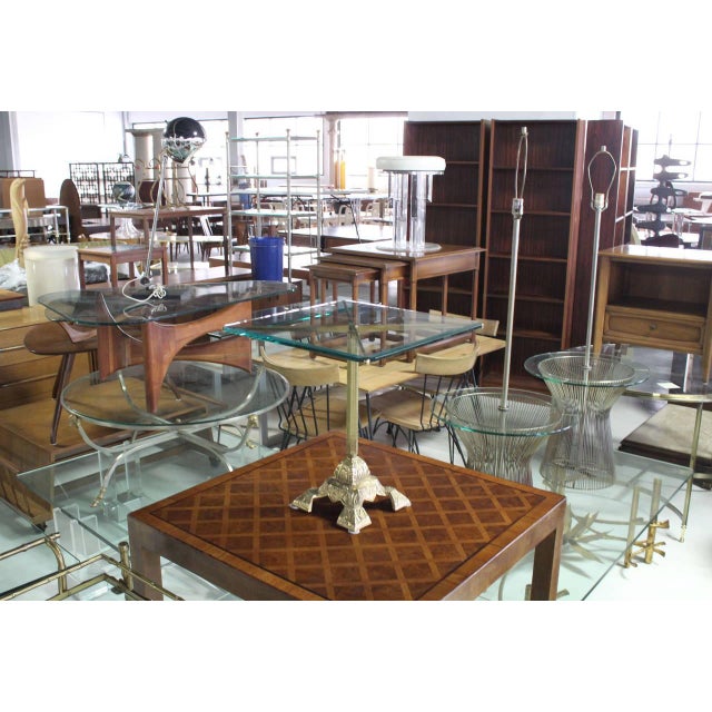 Brass Square Cast Brass X Shape Base Glass Top Side End Center Lamp Table Stand MINT For Sale - Image 8 of 8