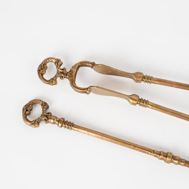 1960s Spanish Baroque Curated Brass Fireplace Tools Set With Stand - 3 Pieces For Sale - Image 4 of 10