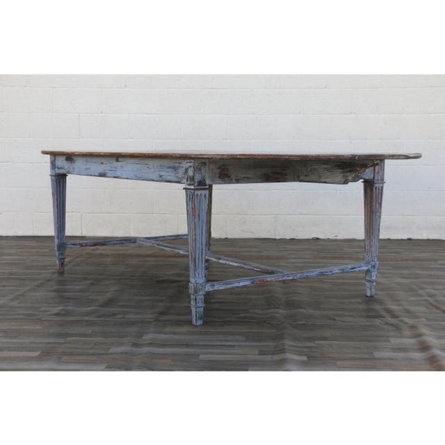 Blue Antique 1920s French Provincial Large Oval Pine Dining Table With Distressed Painted Base For Sale - Image 8 of 18
