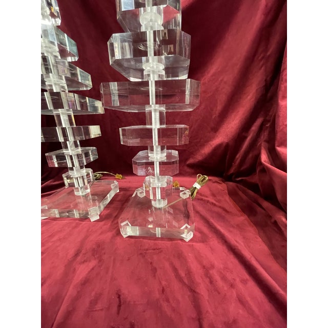 Metal Vintage 1980s Large Acrylic Stacked Lucite Table Lamps - a Pair For Sale - Image 7 of 9