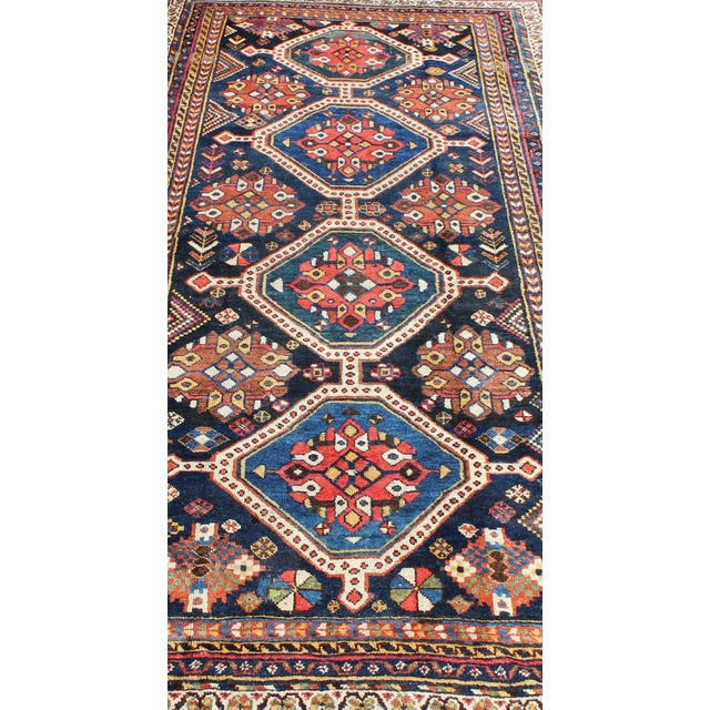 Antique Persian Qashqai Rug With Four-Medallion Design in Blue, Red, Brown Tones 4'1 X 8'3 For Sale In Atlanta - Image 6 of 11
