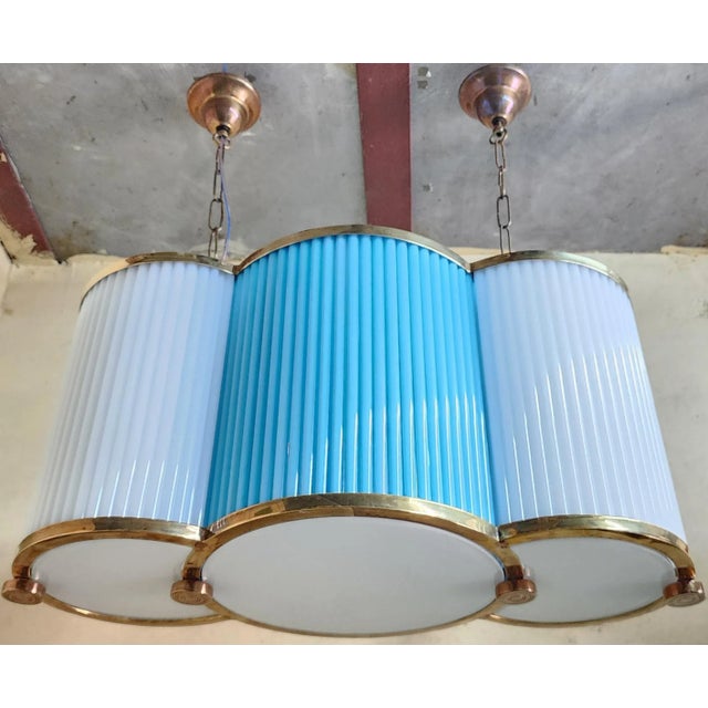 Vintage Art Deco Chandelier in Brass & Blue Milk Glass Rod Ship Light For Sale - Image 6 of 6